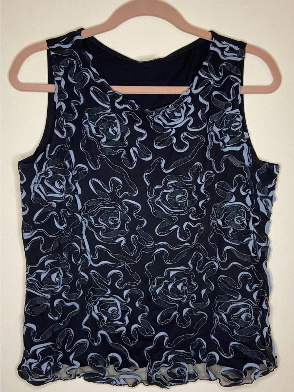 Vintage Y2K Tribal Black Floral Mesh Tank Top with Light Blue Rose Pattern